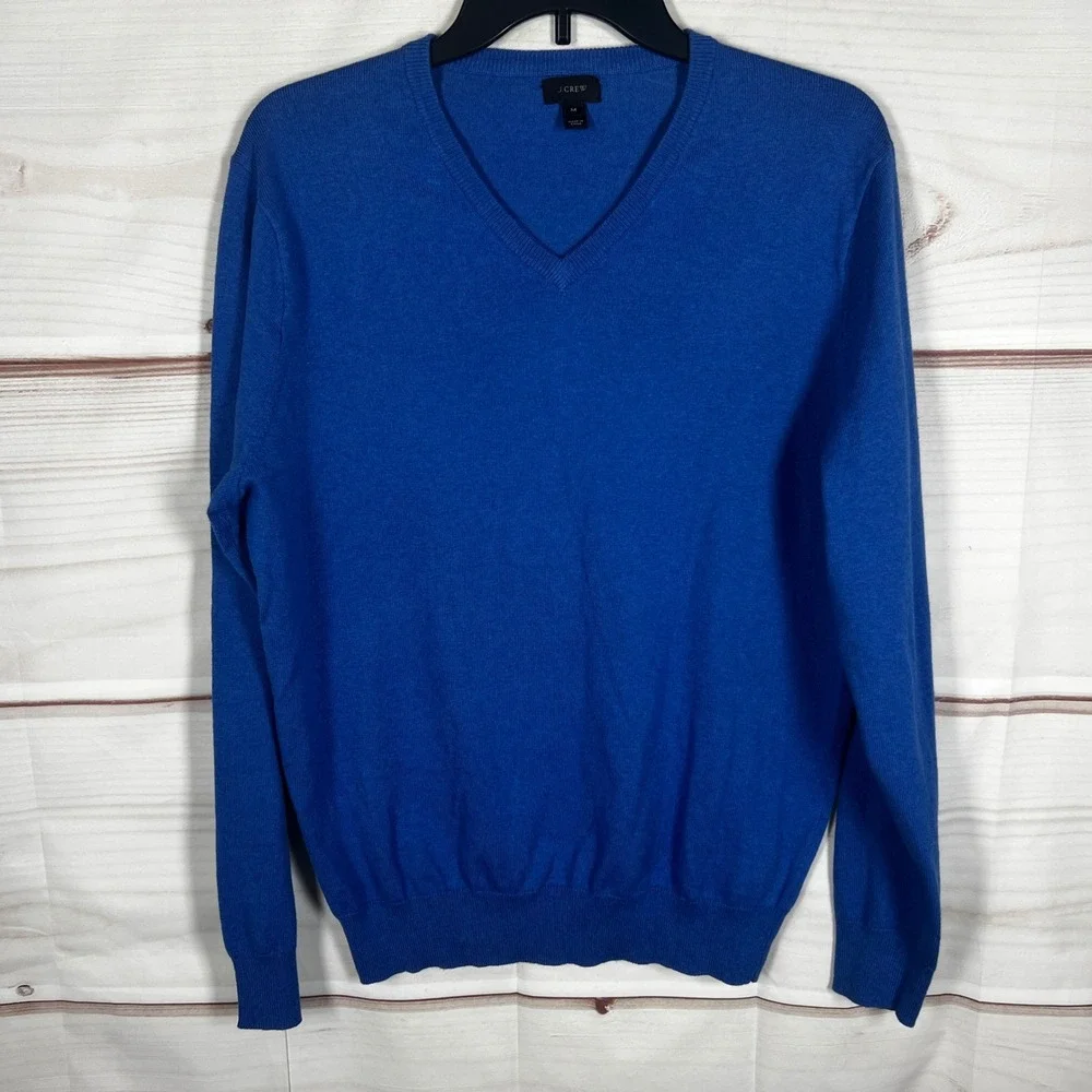 J.Crew V-Neck Sweater Mens Medium Blue Solid Cotton Cashmere Blend Pullover Knit